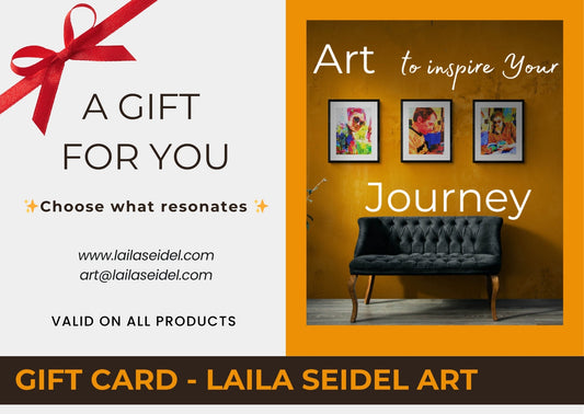 Laila Seidel Art gift card with a couch and framed art on a wall.